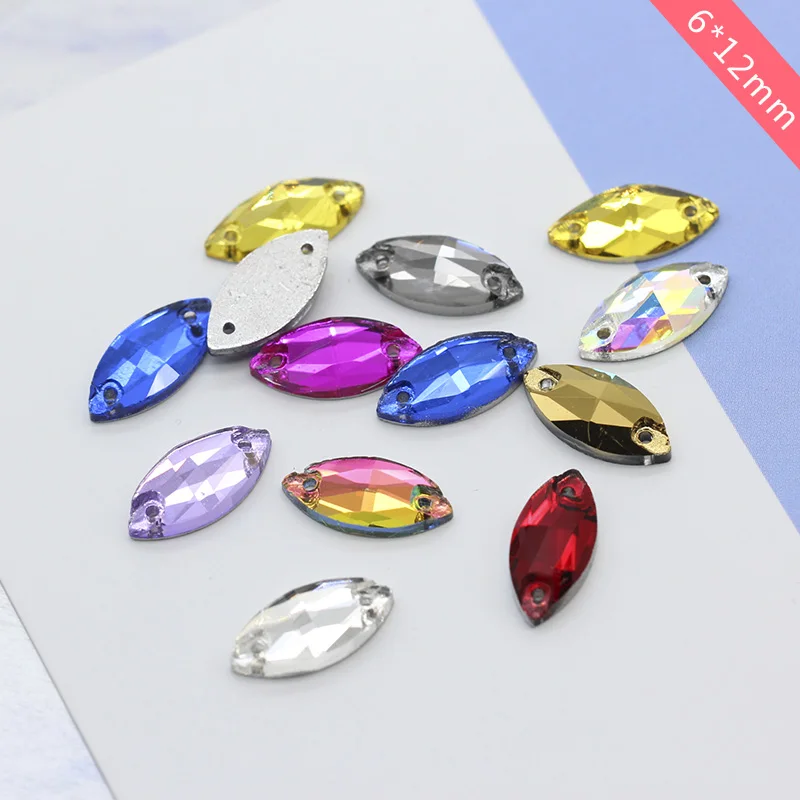 72p 6x12mm navette Horse eye faceted crystal galss sewing stones Sew On flatback Rhinestones jewels 2Holes Costume Dress Gems | Украшения и