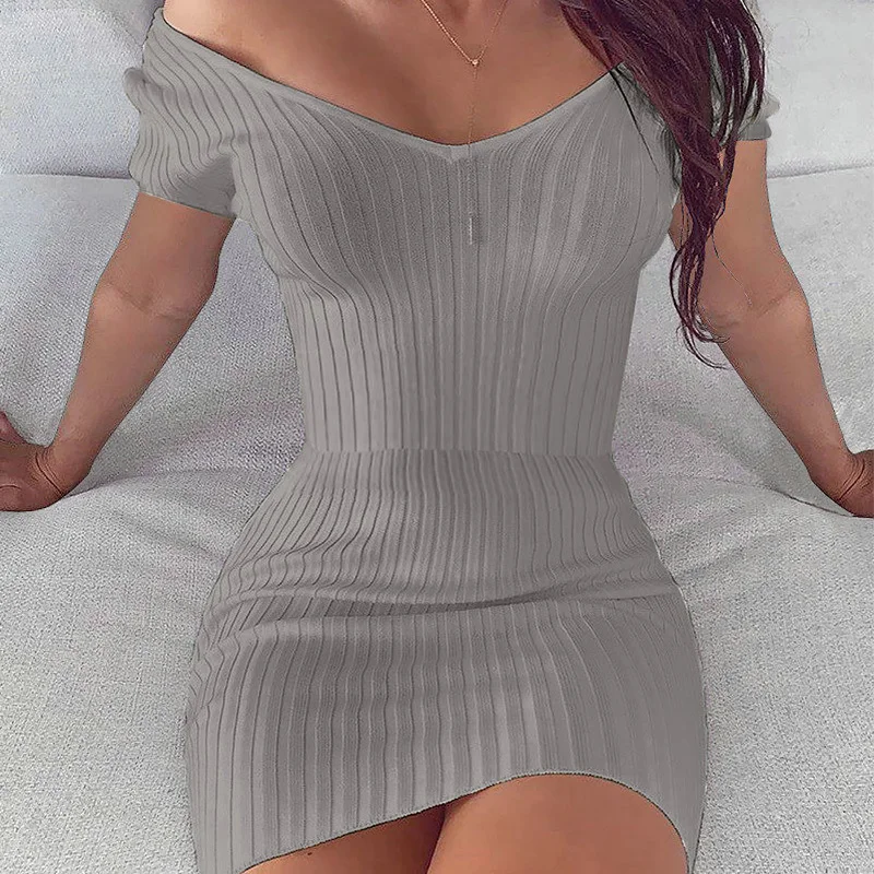 

Fashion Women Summer Sexy Mini Dress Bodycon Deep V-neck Off Shoulder Evening Party Casual Solid Color Dresses SQ4655