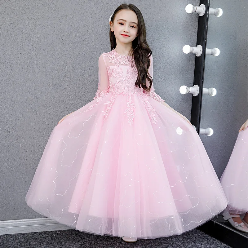 

Girls Elegant Princess Dresses Pink Tulle Lace Appliques Girls Wedding Dress For Girls Birthday Party Evening Flower Girl Gown