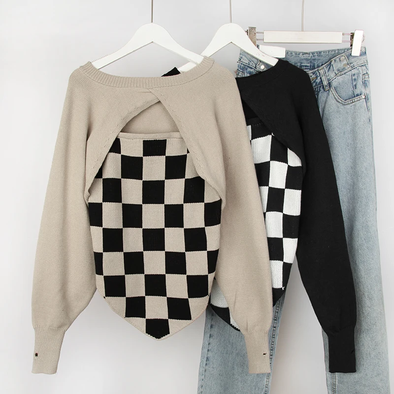 

Женский костюм, новинка 2021, нишевая универсальная Асимметричная короткая трикотажная блузка с подбором цветов, клетчатый костюм из двух пр...