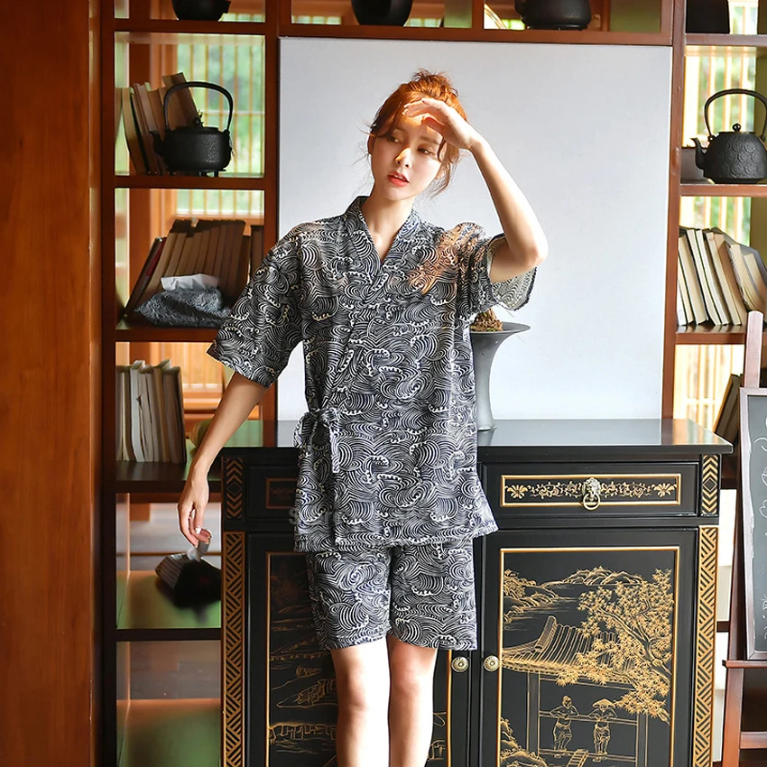 Пижамный комплект для пар Традиционная японская Пижама с волнистым принтом