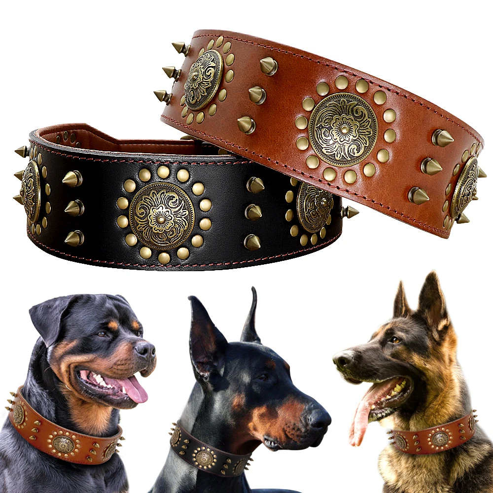 Leather Large Dog Collar Pitbull Spiked Studded Collars for Medium Large Big Dogs Genuine Leather Durable Pet Collar Brown