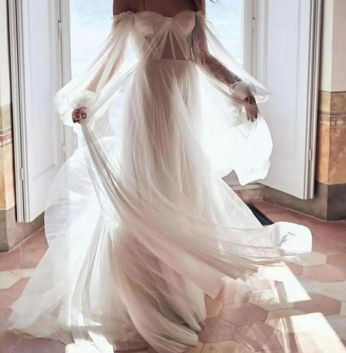 

Elegant Long Off Shoulder A-Line Wedding Dresses with Sleeve Custom White Tulle Floor Length Corset Back Bridal Gowns for Women