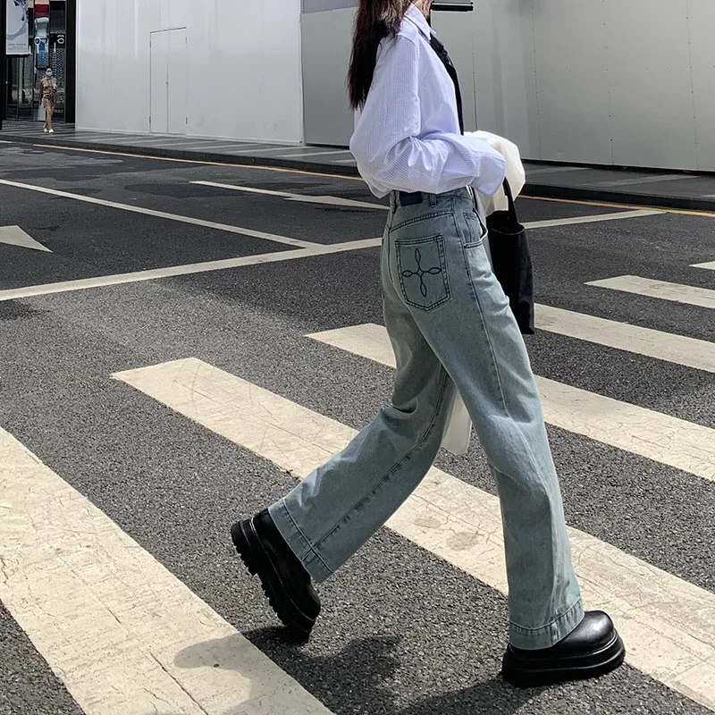 

Женские ковбойские брюки с высокой талией, свободные подходящие ко всему прямые широкие брюки с вышивкой, в Корейском стиле, Осень-зима 2021