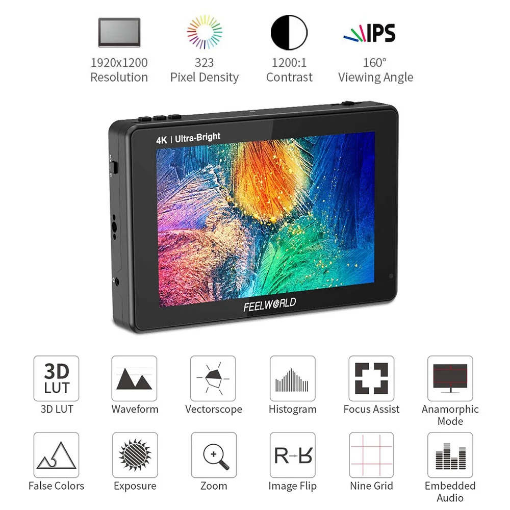 

FEELWORLD 7 Inch Studio DSLR Camera Field Video Monitor 2200nits 3D LUT Touchscreen IPS Panel with 4K HD MI/3G-SDI Input Output