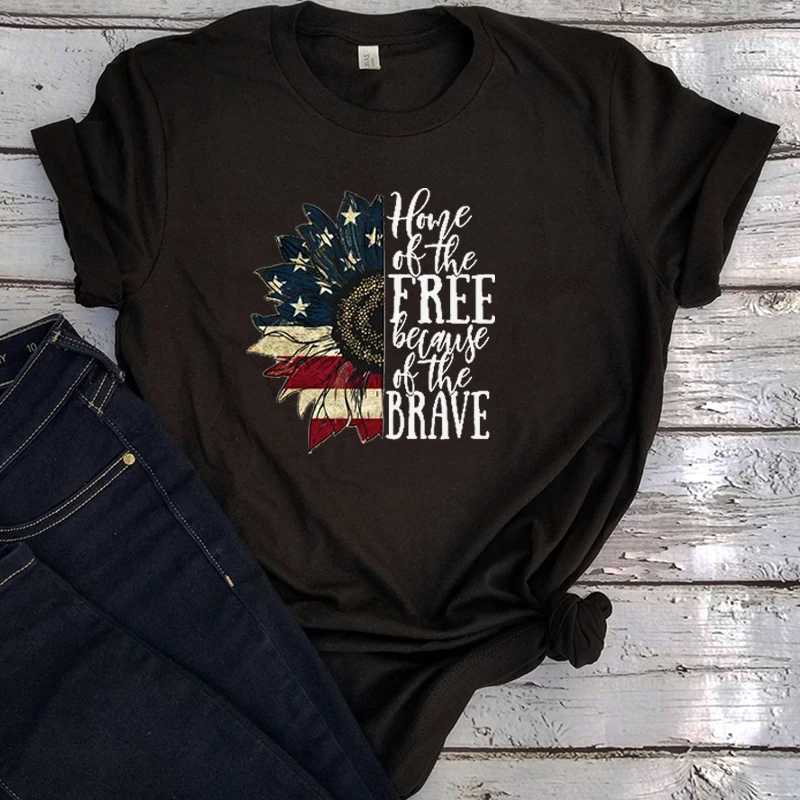 

Home of The Free Because of The Brave Sublimation Tees Women Sunflower USA 2021 4th of July Tshirt Independence Day Tops