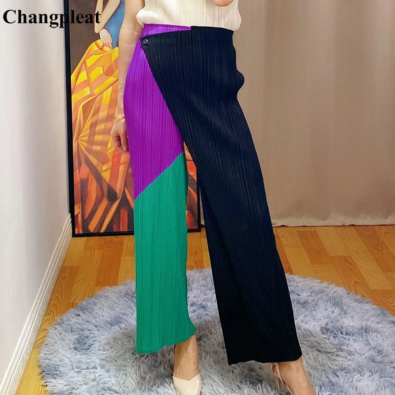 Changpleat New Miyak Pleated woman pants Fashion Design Color matching button Female Pant