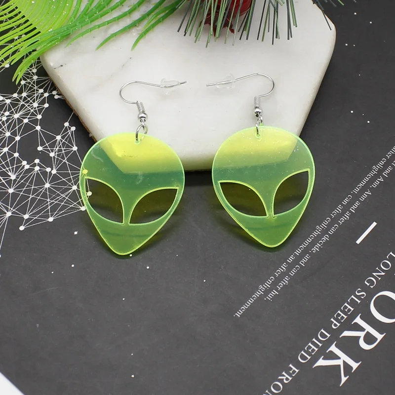 

Ladies Fluorescent Green Alien Acrylic Pendant Earrings, Glamour Hollow Party Nightclub Jewelry Gift