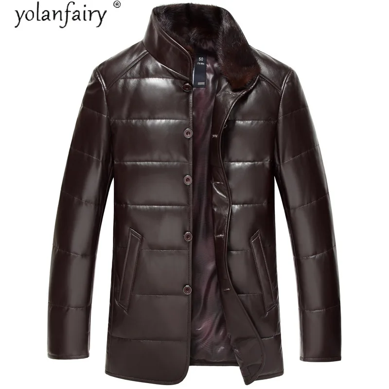 Новинка 2020 мужская куртка из натуральной кожи зимняя на белом утином пуху пальто