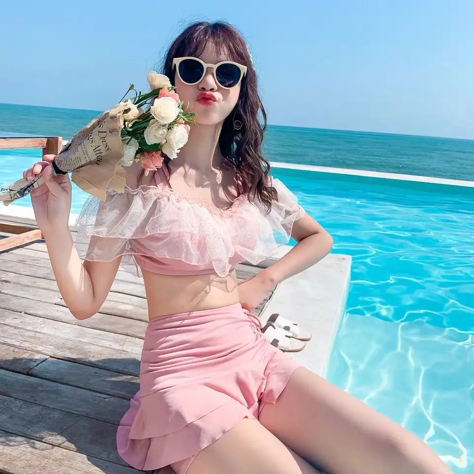 

Bikini Set Women Summer High Waist Pink Sweet Pleated Mesh Sling Bow Womens Safety Fashion Swimsuit Slim Sexy Bathing Suit Pool
