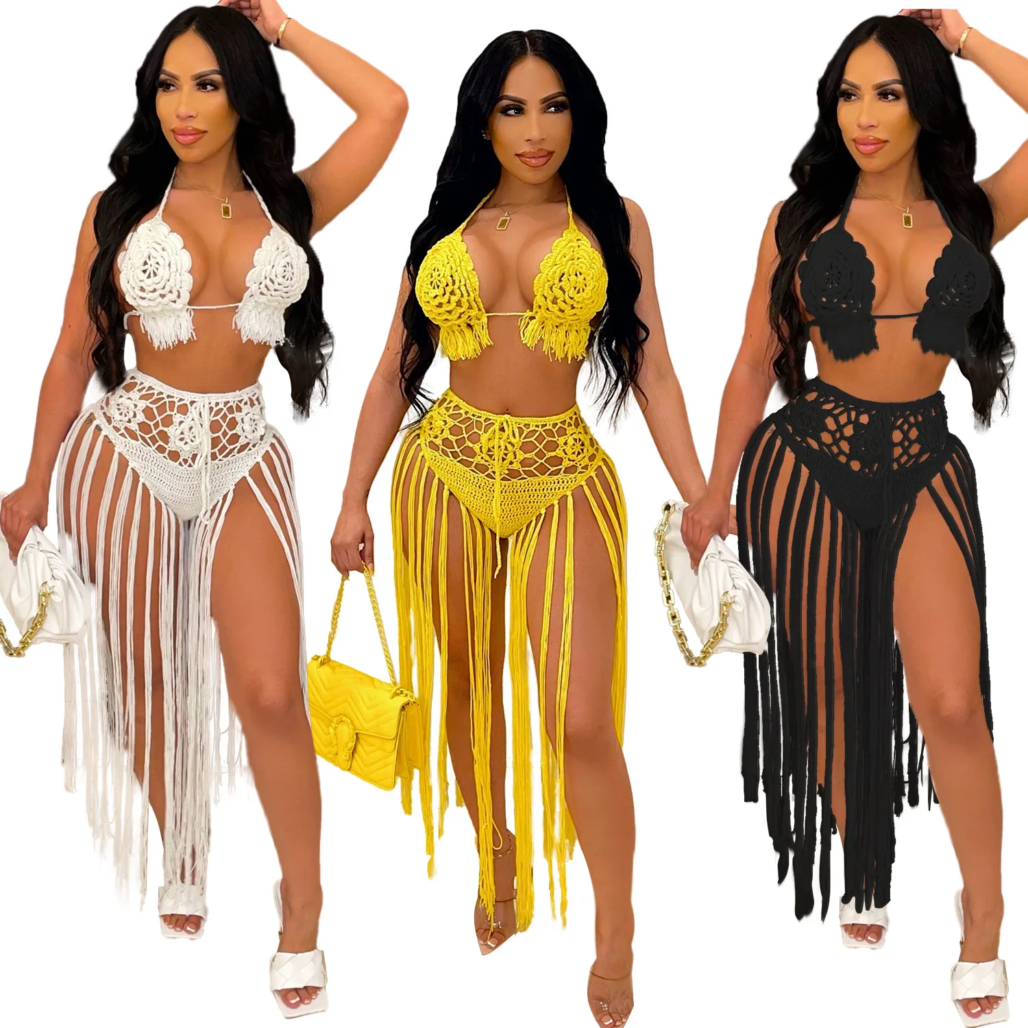 

Floral Hand Crochet Tassel Two Piece Beach Dress Set Lace Up Halter Bra Top Fringed Maxi Skirt Women Sexy Swimwear Holiday2021