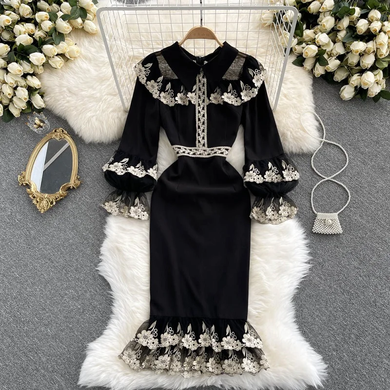 

Early Autumn New Temperament Vestidos Female Retro Embroidery Waist Slimming Lantern Sleeve Fishtail Bag Hip Midi Dress KK1243