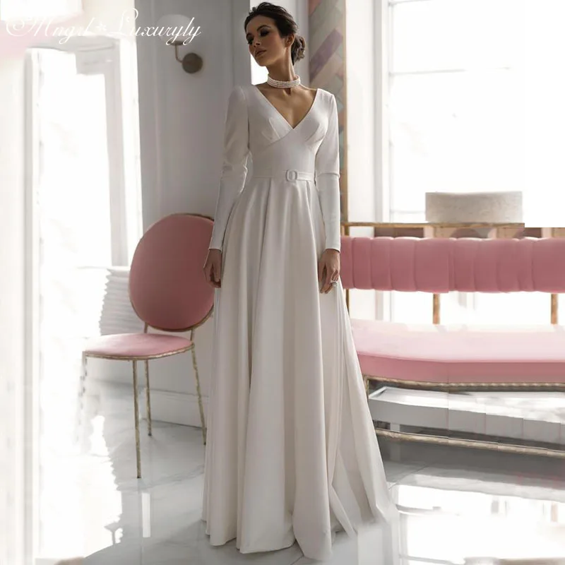 

Luxury Matte Soft Satin A Line Wedding Dresses Long Sleeve Backless V-neck French Gowns Belt Button Tailor-Made
