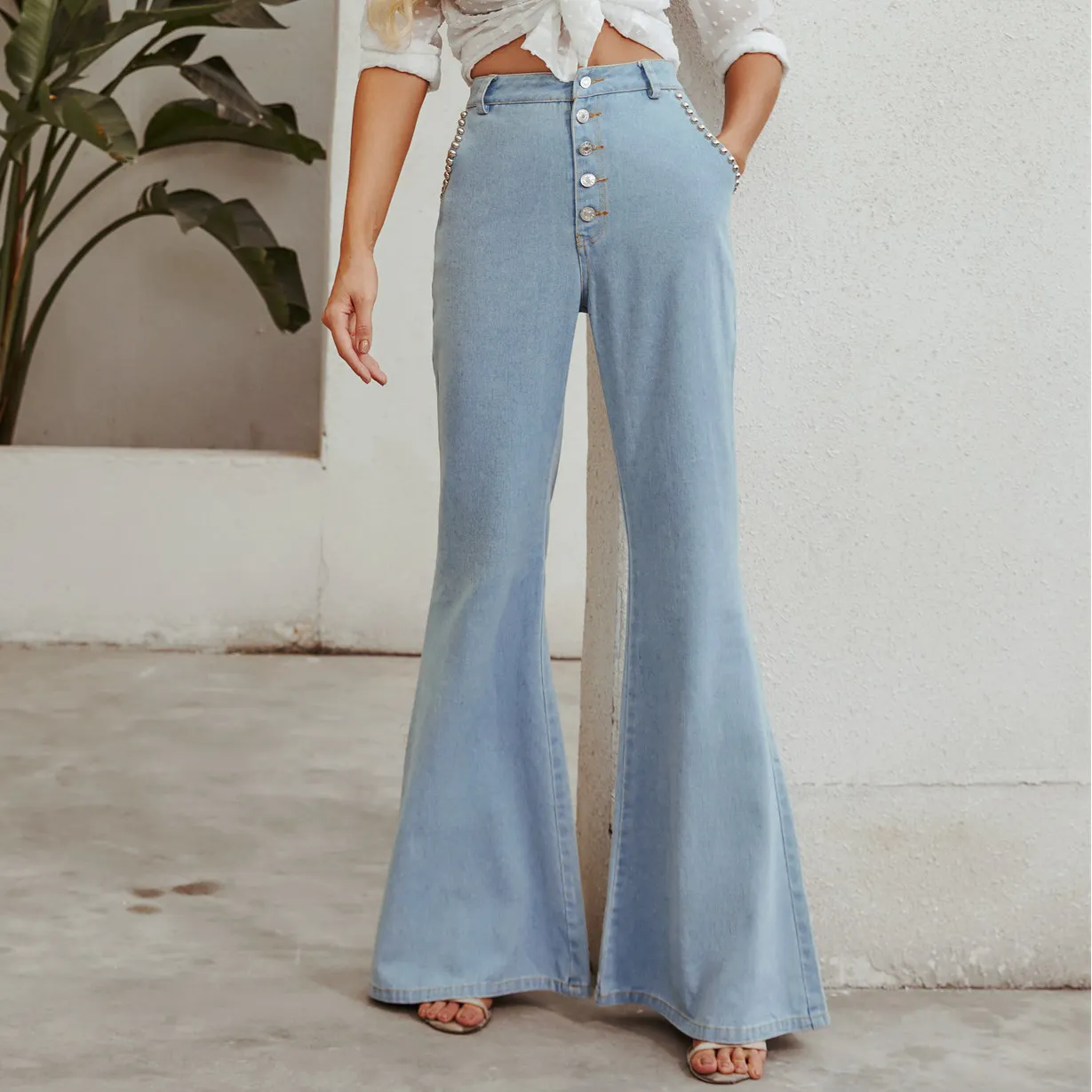 

L30158 Express Amazon Europe And The United States Cross Border Women's Fashion Retro High Waisted Flared Pants Wash Denim Pants