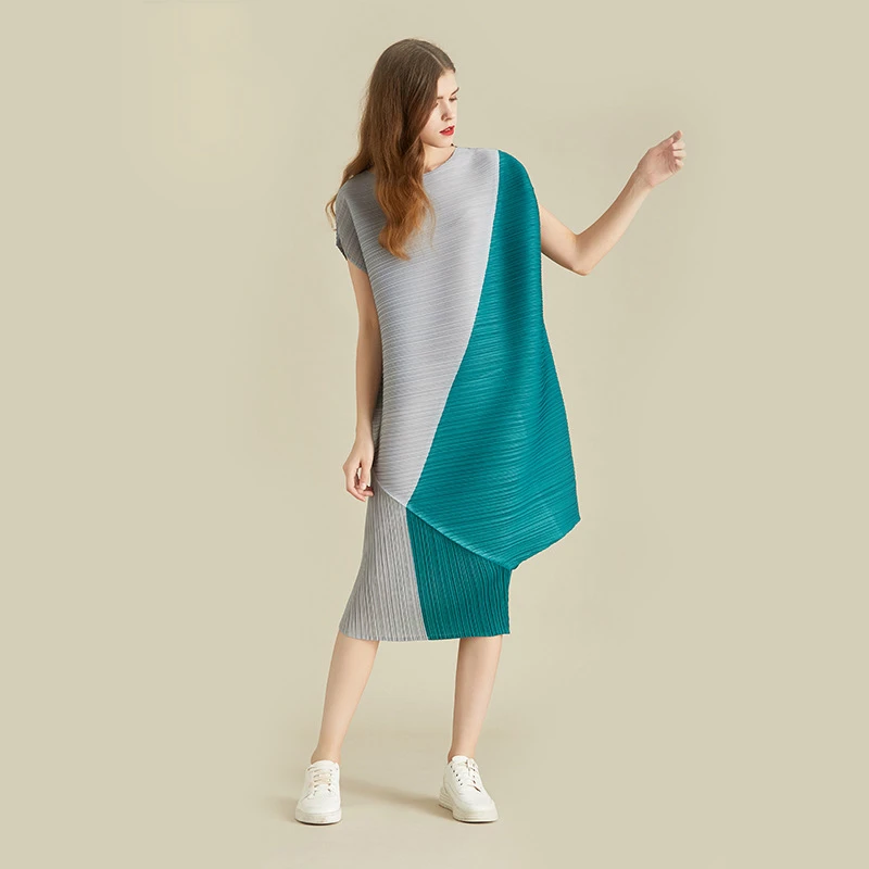 LANMREM летнее Новое асимметричное цветное лоскутное плиссированное платье famale 2021