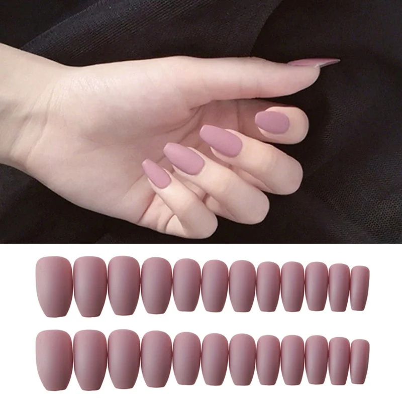 24pcs Wine Red Matte Coffin Ballerina False Nail Art Tips With Glue Acrylic Full Cover Fake Nails Manicure Press on Tools | Красота и
