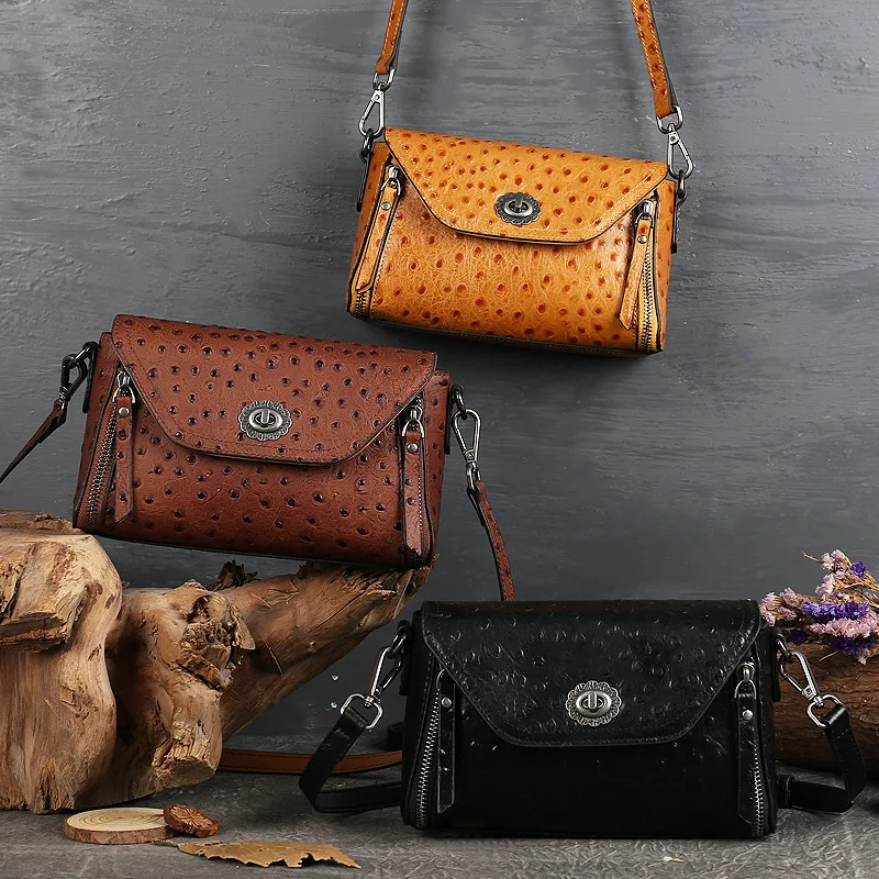 

Ostrich Pattern Handbags Women Retro Genuine Leather Messenger Bag Small Square Clutch Purse Ladies Vintage Luxury Shoulder Bags