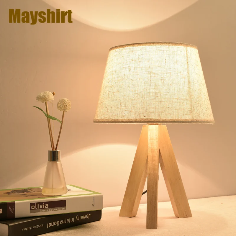 Nordic Rubber Wood Fabric Table Lamp Living Room Bedroom Bedside Dressing Desk Lamp Art Decor Modern LED Standing Light Fixtures