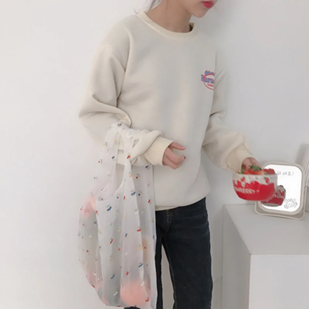 

New Female Flower Embroidery Hand Bag Organza Casual Tote Mesh Floral Tote Bags Eco-friendly Mesh