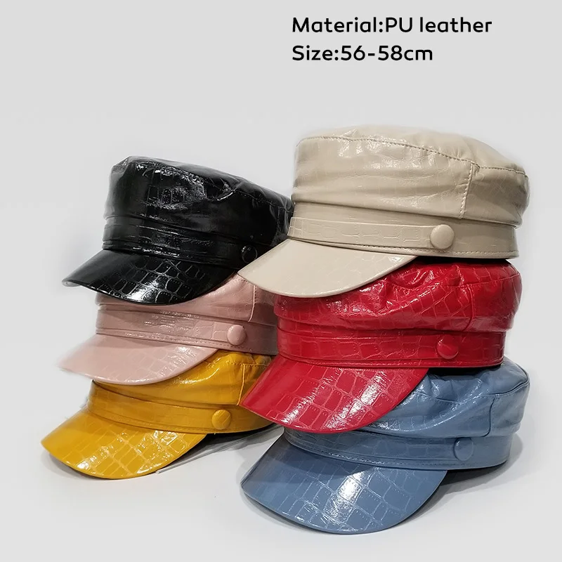 Cpop 6 Colors PU Leather Polyester Military Hats High Quality Female Solid Color New Fashion Casual Personality Women Winter Hat |