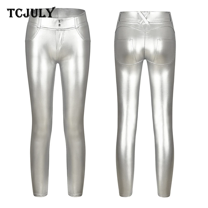 TCJULY Лидер продаж однотонные узкие брюки из искусственной кожи с пуш-ап высокой
