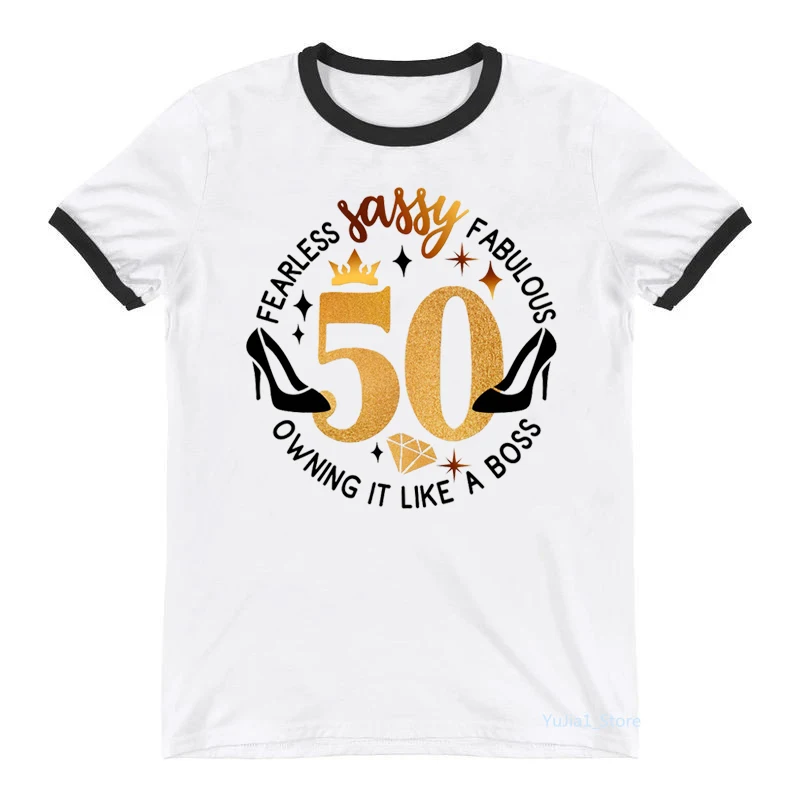 Футболка женская в стиле 50-го дня рождения, модная тенниска без страха, Сказочная майка в сборе, стильная уличная одежда, лето Футболка женская в стиле 50-го дня рождения, модная тенниска без страха, Сказочная майка в сборе, стильная уличная одежда, лето