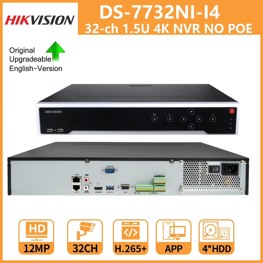 Hikvision NVR 12MP 32-CH 1.5U 4K DS-7732NI-I4 H.265 + для IP-камеры 4 HDDs двухстороннее аудио сетевые