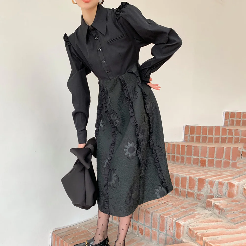 

High Street Women Dress Spring Autumn New Fashion Hipster Designer Hot Sale Embroidery Jacquard Fungus Splicing Puff Sleeve 2021