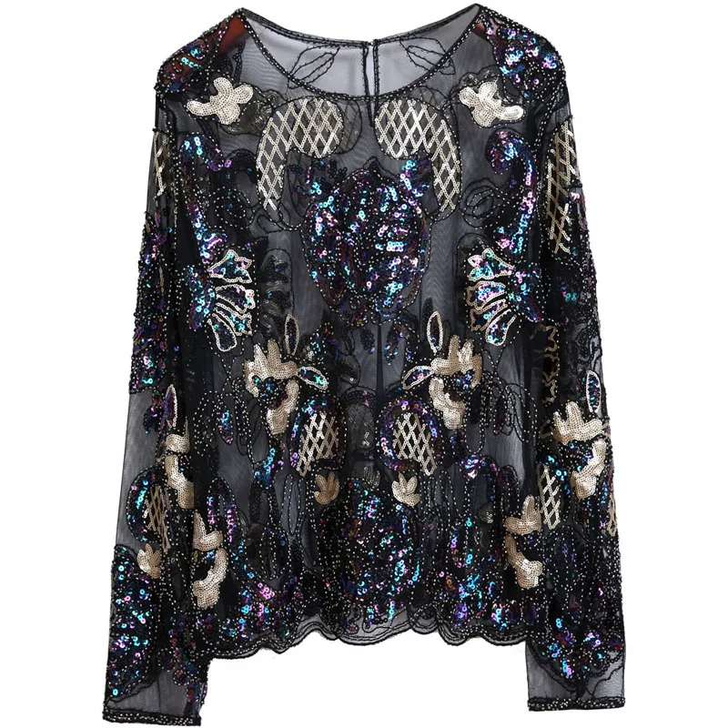

Fashion ladies lace embrodiery floral see through embrodiery floral tops long sleeve
