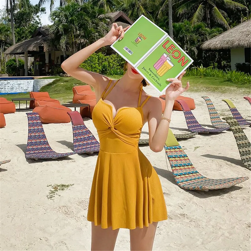 Korea Style One Piece Swimsuit Women Solid Swimwear Skirted Monokini Push Up Swim Suit Bandeau Trikini Pad Bathing Pleated |