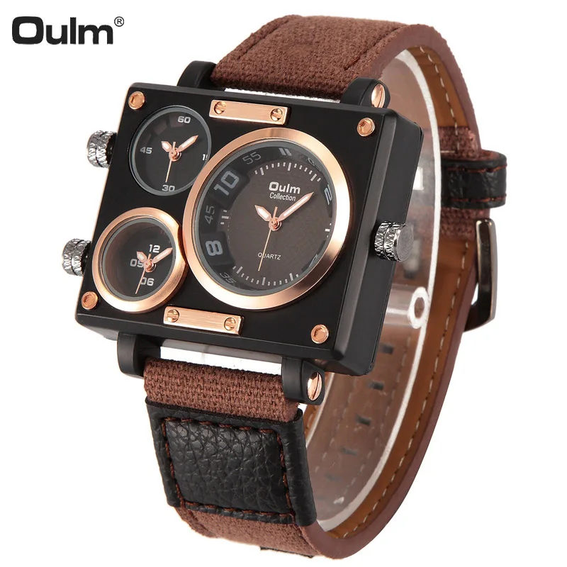 Oulm Men Watch Fashion Sport Canvas Fabric Rectangle Case Double Time Quartz Watches Military Wristwatches | Наручные часы