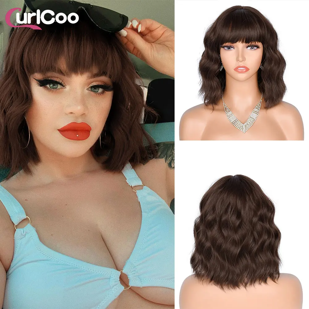 

Short Wavy Wigs With Bangs For White Women Synthetic Cosplay Lolita Ombre Natural Glueless Pink Brown Green Blue Wigs Bob Wigs