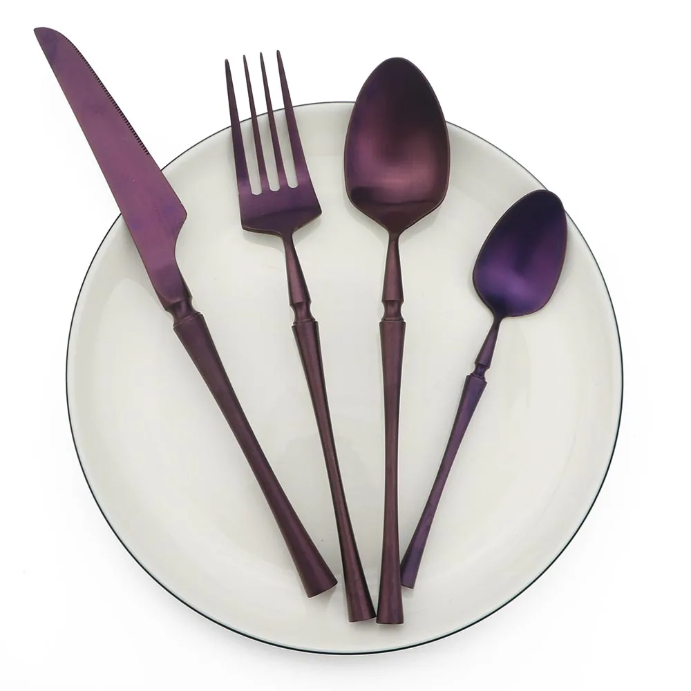 

New Stainless Steel Purple Cutlery Set Matte Polishing Black Dinnerware Set Tableware Dinner Knife Fork Soup Kitchen Accessories