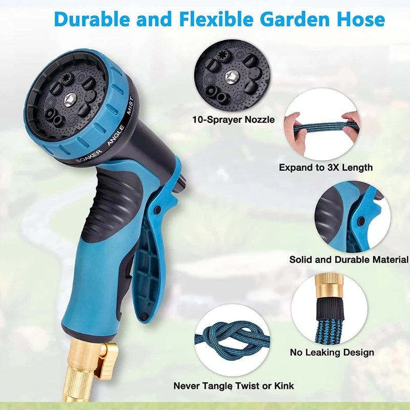 

50ft Leakproof Expandable Garden Hose with 10 Function Nozzle 3/4 Inch Solid Fittings 3 Times Collapsible Water Pipe