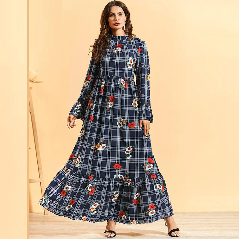 

Islamic ethnic style women's dress plaid striped long sleeve bohemian long dress plus size Muslim Arab holiday travel dress