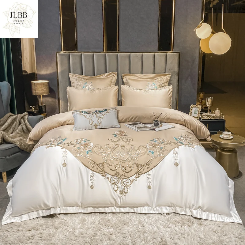 

Роскошный набор постельного белья цвета шампанского из сатина и хлопка с цветочной вышивкой, мягкий шелковистый пододеяльник, простыня на ...