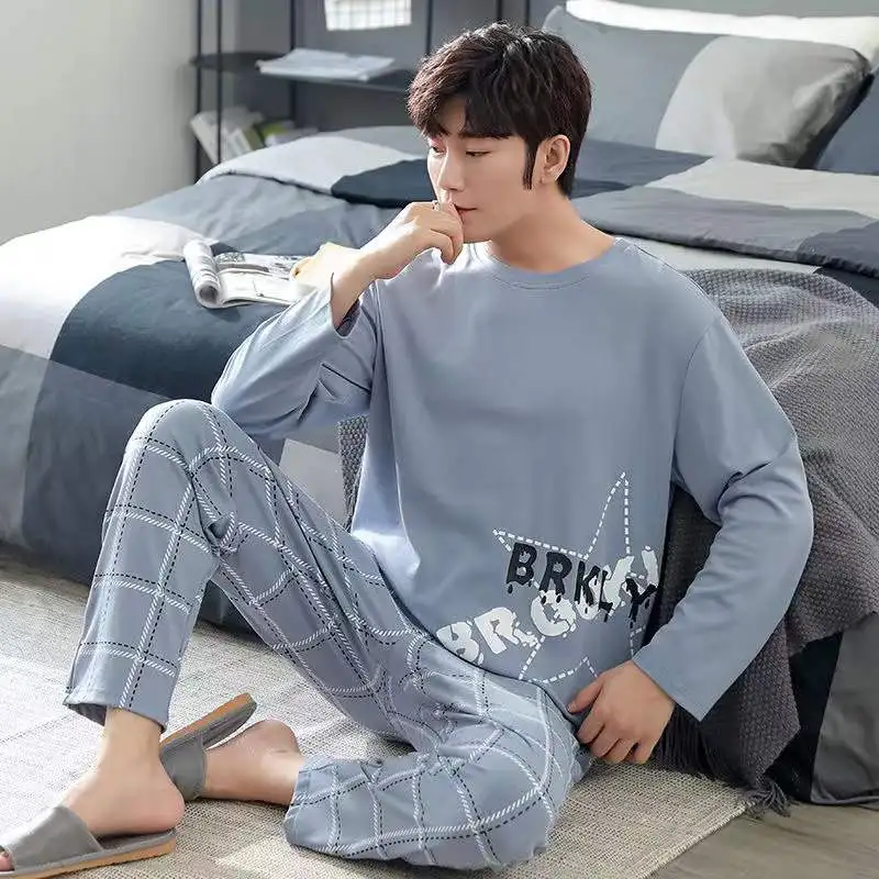 Spring Autumn Pajama Set For Men Round Neck  2-Piece Set Long-Sleeved Trousers Lounge Sleepwear Pyjamas Home Clothes Homewear