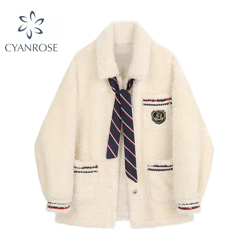 

2021Korean Preppy Style Winter Jackets Female Loose Casual Fashion Warm Lamb Wool Coat Women Harajuku Thick Warm Outerwear