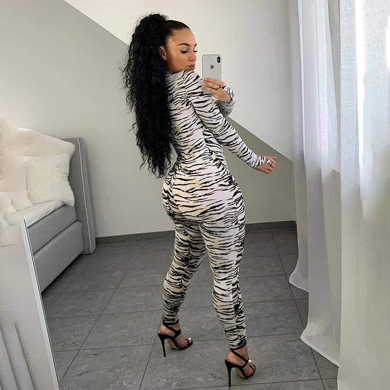 

CHRONSTYLE Jumpsuit Zebra Striped Print Long Sleeve Rompers 2020 Sexy Women Fall Winter 2020 One Piece Outfits Party Clubwear