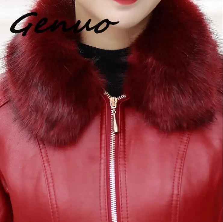 

Genuo Winter Mother Jacket Women Leather Coat Slim Fur Collar Cotton Liner Thicken Warm PU Leather Outwear Female Coat Black