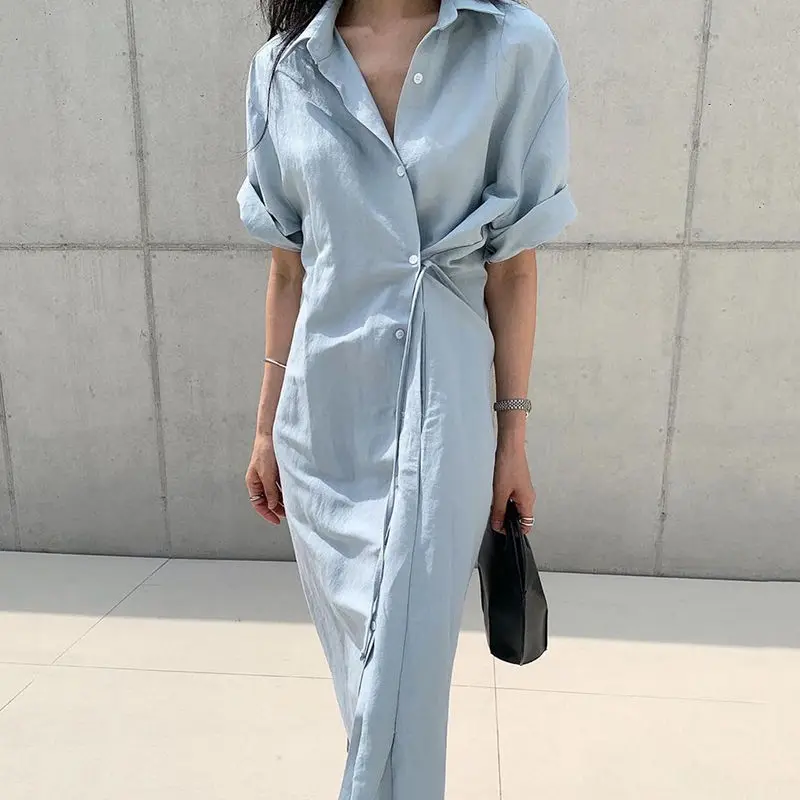 

Новинка, Модное Длинное Платье-рубашка, женские платья, Элегантное однобортное платье, женское платье, свободные однотонные уличные платья-...