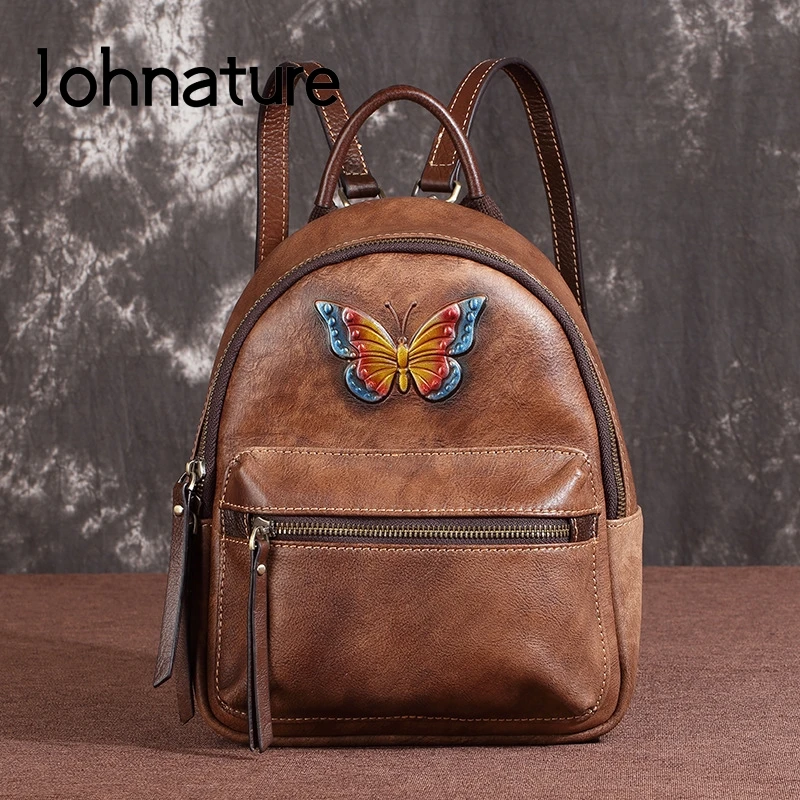 

Johnature 2022 New Genuine Leather Mini Bag Pack Women Backpack Retro Soft Cowhide Multi Functional Casual Small Travel Backpack