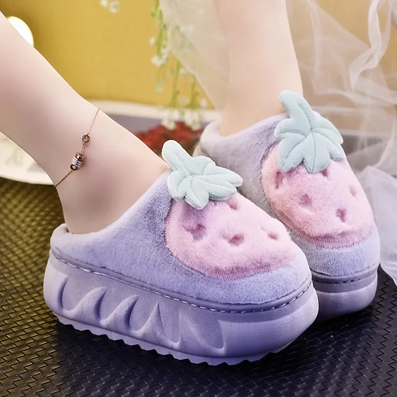 

Winter Strawberry Chunky Sole Slippers For Home Thicken Warmth Cotton Slippers Female Fruit Slides Girls Flat High Heel Slippers