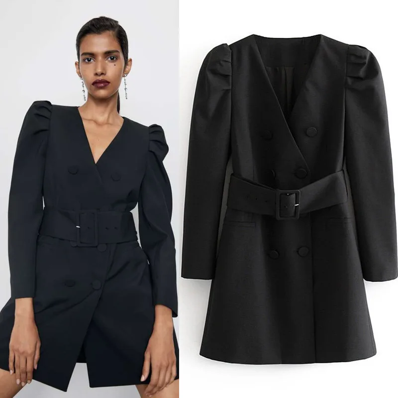 

Puff Long Sleeve V-neck Casual Suit The Black Coat Elegant Long Sleeve Belt Pure Color Ladies' Suits For Spring And Fall