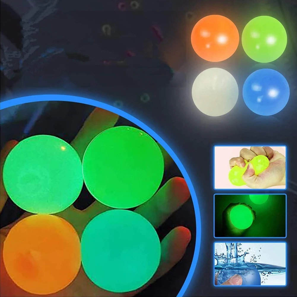 

4pcs Sticky Balls Luminous Stick Wall Ball Throw Ceiling Stress Relief Catch Squash Mini Suction Target Kids Toys