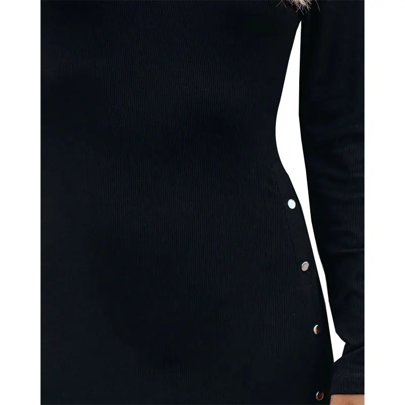 

Women Autumn And Long Winter Dress New Round Neck Temperament Solid Color long-sleeved Irregular Side Split Dress