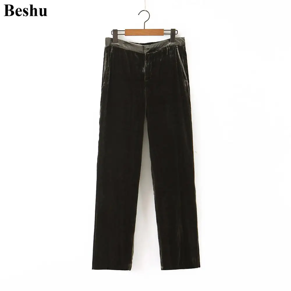 Женские вельветовые длинные брюки za темно зеленые прямые с эластичным поясом