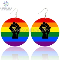 somesoor printed rainbow colors powerful fist wooden drop earrings black lives matter symbol design ear loops for women gifts