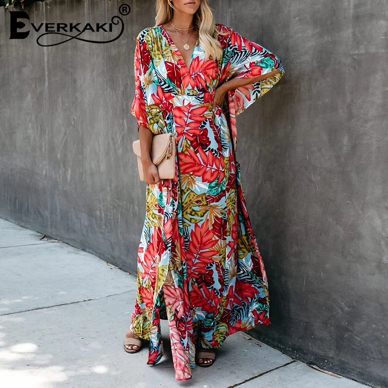 Everkaki Long Dress Women Boho Floral Print Sashes Loose Summer Vestidos Beach Casual Ladies Maxi Dresses Female 2020 Spring New | Женская