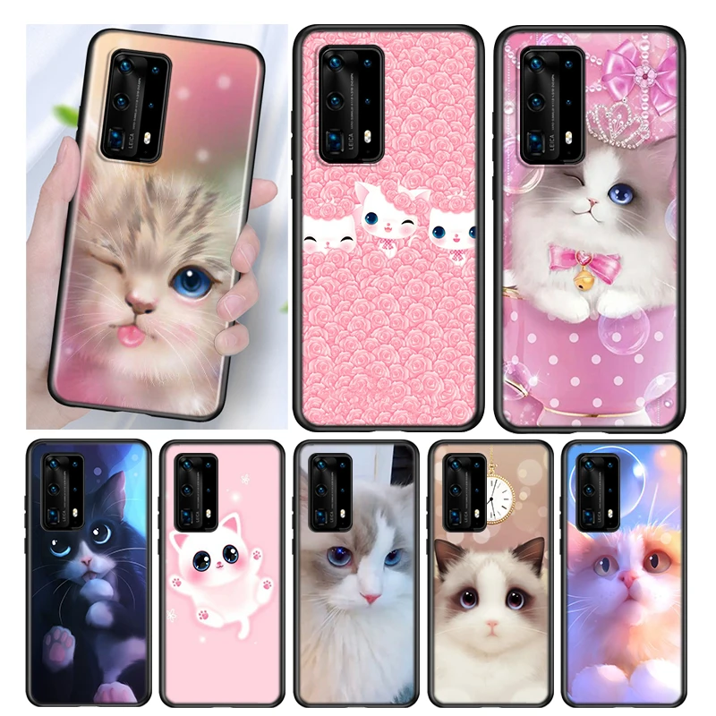 

Silicone Cover Cute Kawaii Kitten Cat For Huawei P40 P30 P20 Pro P10 P9 P8 Lite E Plus 2019 2017 Phone Case